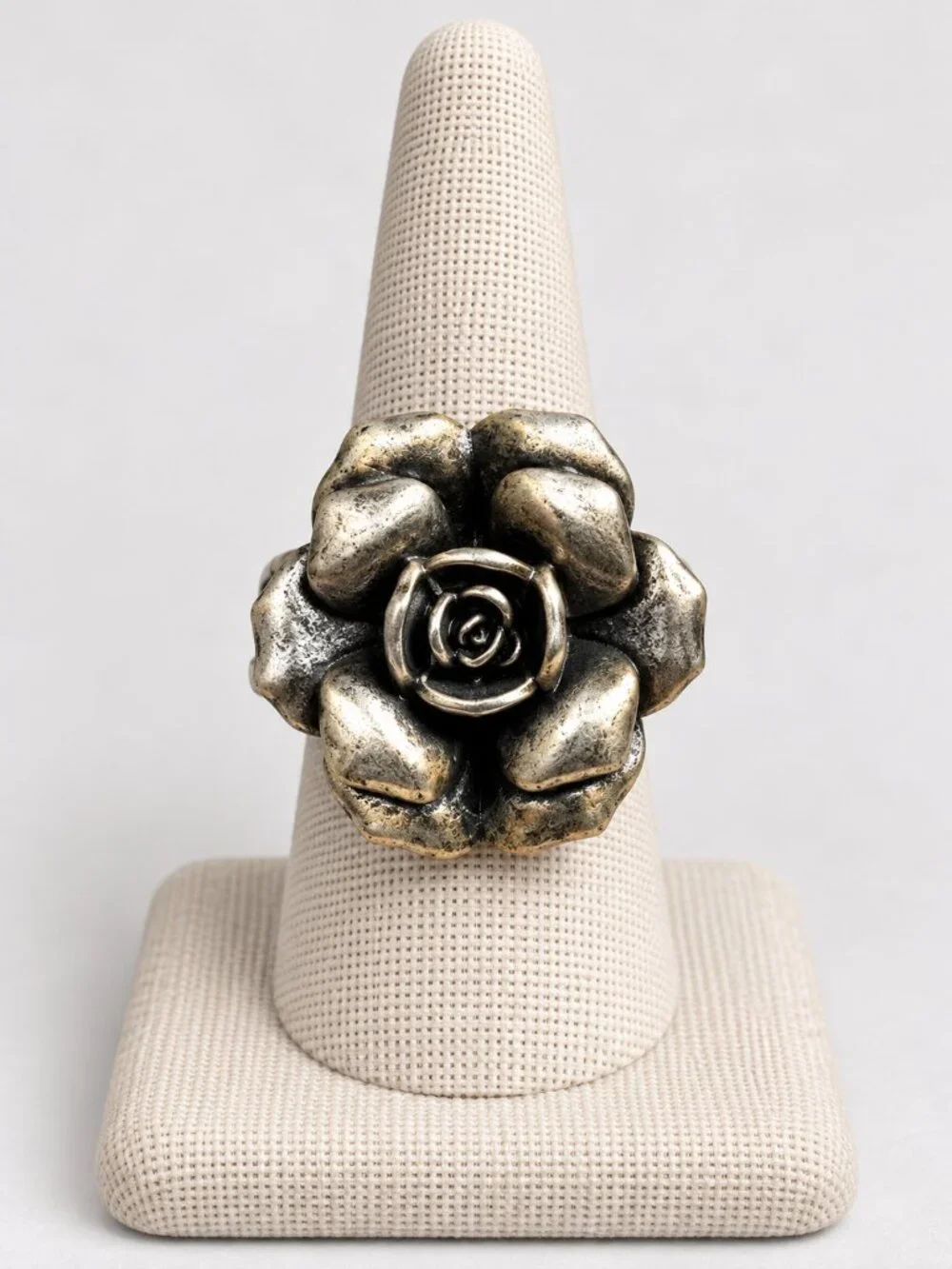 Vintage-Inspired Silver Tone Oversized Rose Flower Statement Ring Boho Artisan